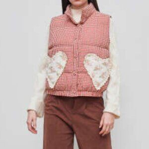 Cider Red Gingham Floral Heart Puffer Vest NWT